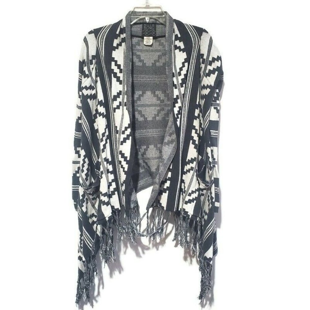 Billabong Open Cardigan Native Print Waterfall Front Fringe Pockets Gray Cream S